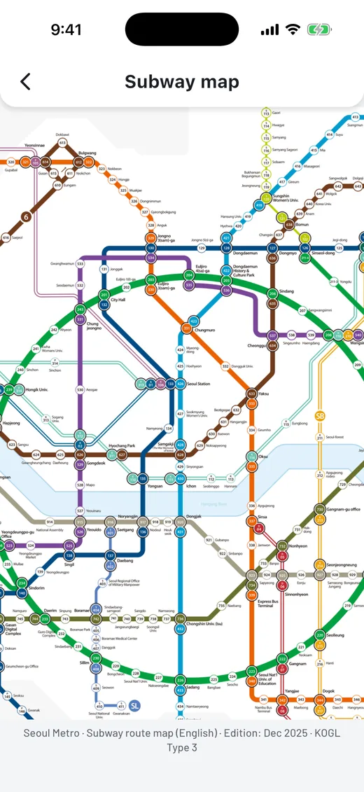 The official Seoul Metro route map in Timing. Pinch to zoom and tap a station circle to open it.