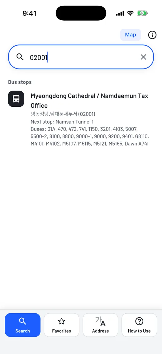 Search a bus stop by its 5-digit number.